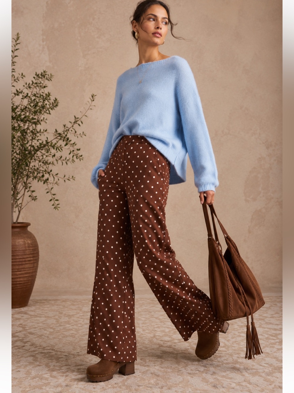 Avec Les Filles Brown Polka Dot Linen Blend Wide-Leg Pants Small New